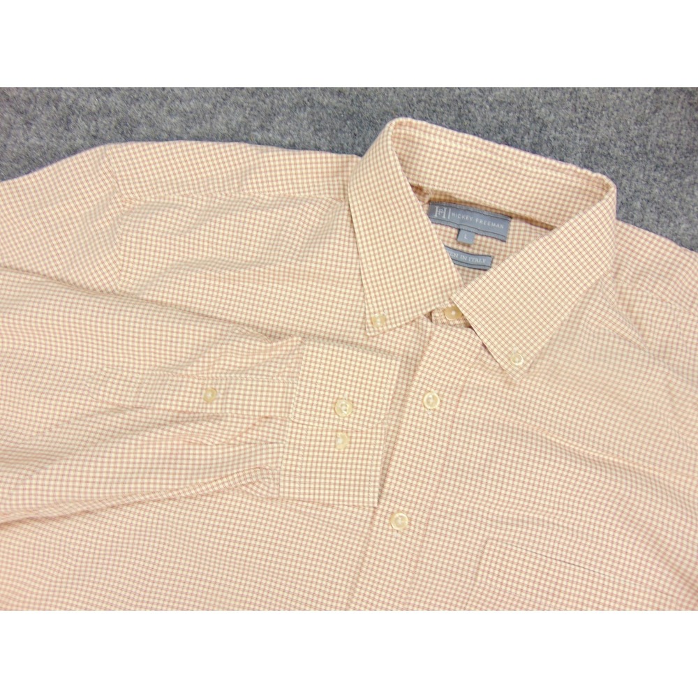 Hickey Freeman Shirt Mens Large Orange Check Italy Button Down Long Sleeve